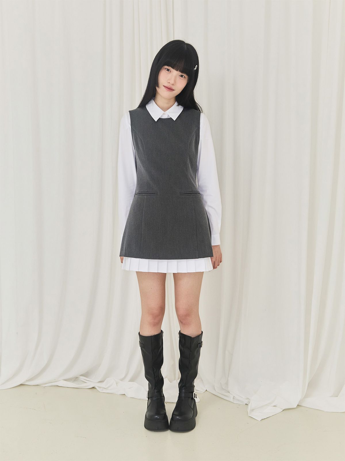 알키알카(ALKI ALKA) Pleated Layered Dress (Charcoal)