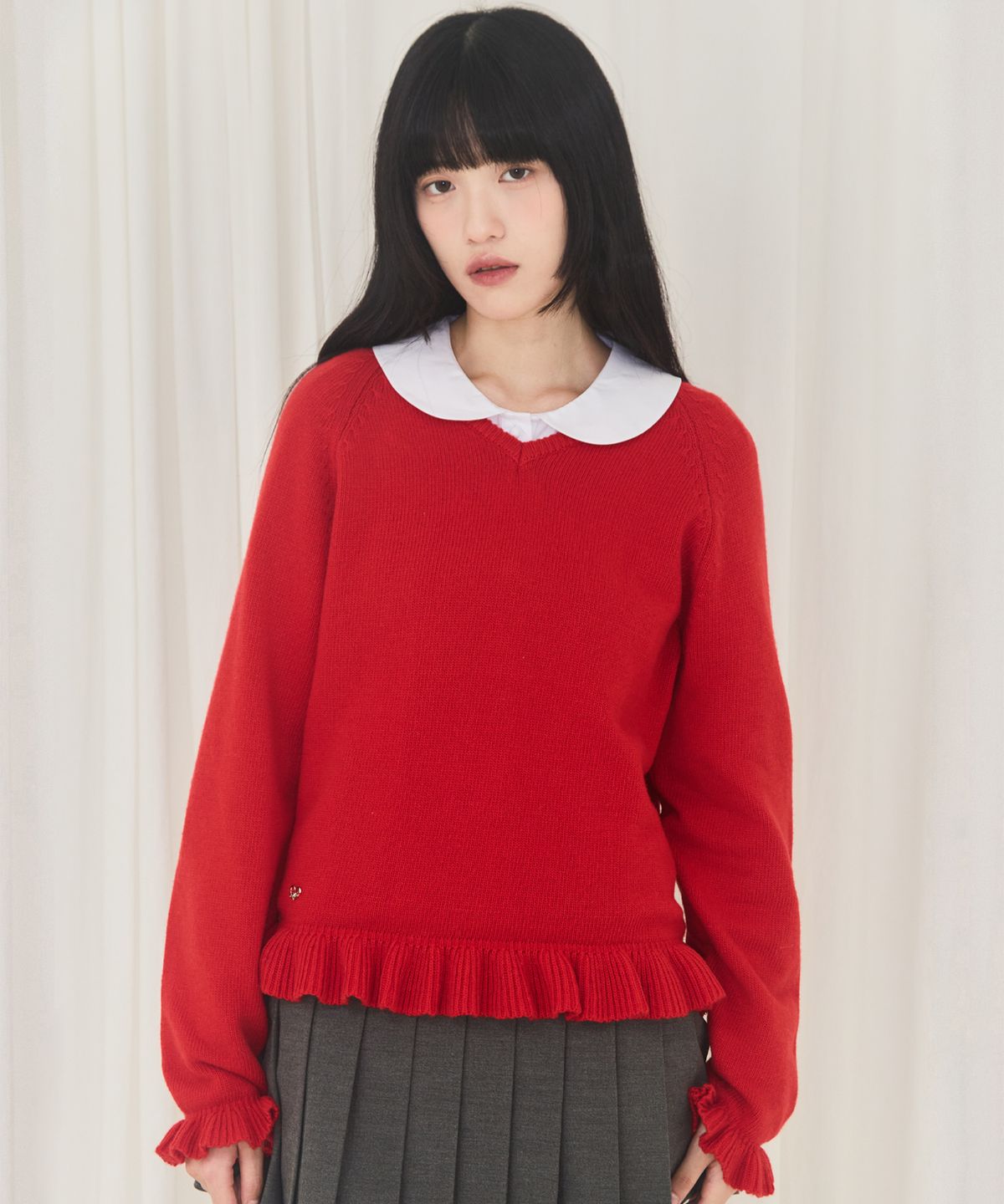 알키알카(ALKI ALKA) V-Neck Frill Knit (Red)