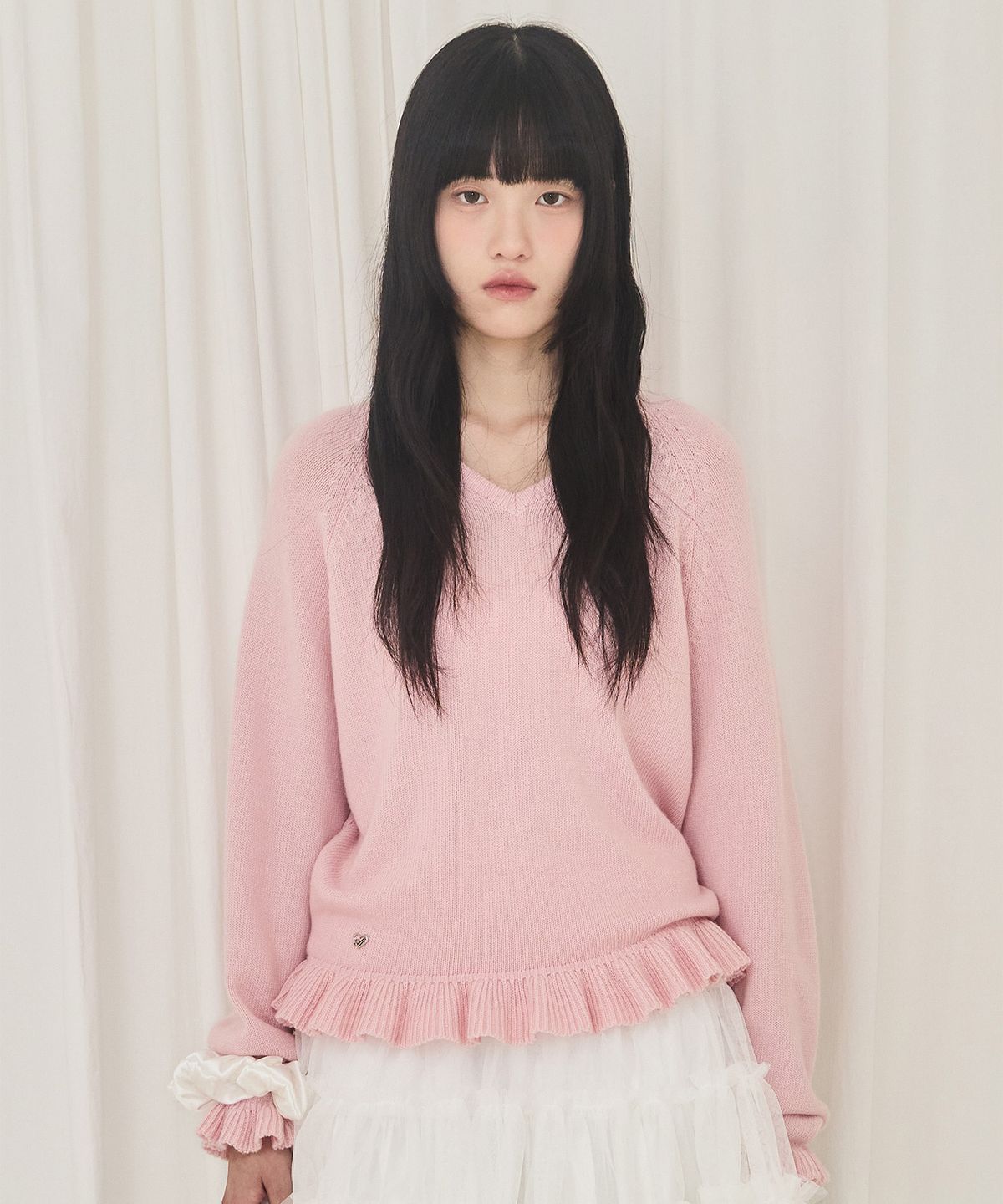 알키알카(ALKI ALKA) V-Neck Frill Knit (Light Pink)
