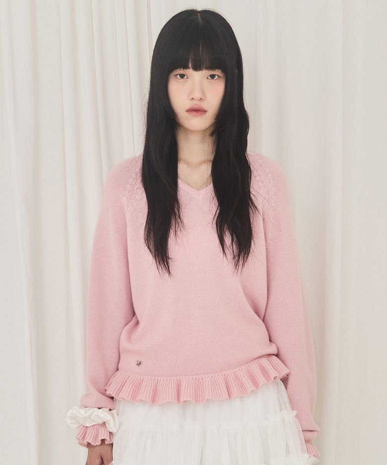 V-Neck Frill Knit (Light Pink)