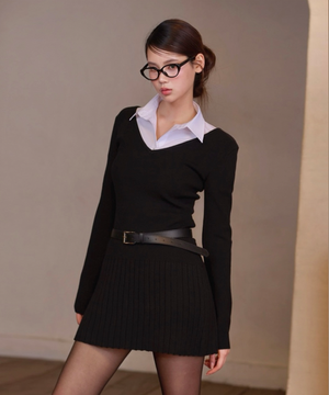 브이넥 플리츠 원피스