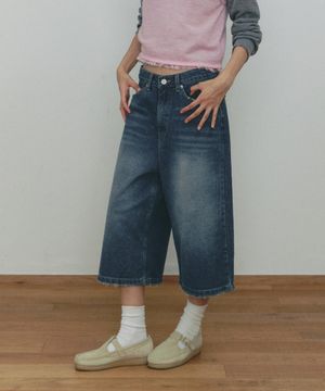 WASHING WIDE BURMUDA JEANS(BL)