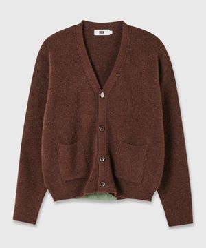 알파카 세미크롭  배색 니트 가디건 - 브라운