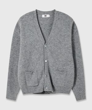 알파카 세미크롭  배색 니트 가디건 - 그레이