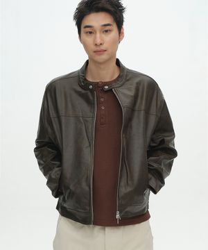 빈티지 트랙 워시드 차이나넥 소매 절개 포인트 레더자켓 [브라운]