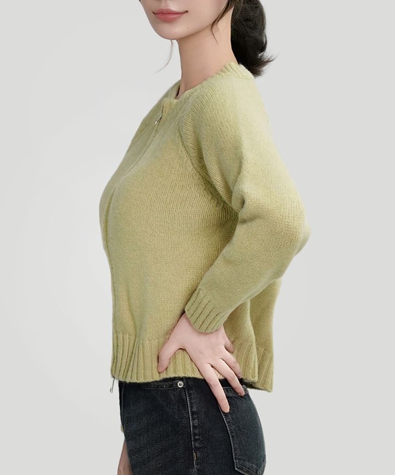 아이비 라운드 투웨이집업 니트가디건_올리브