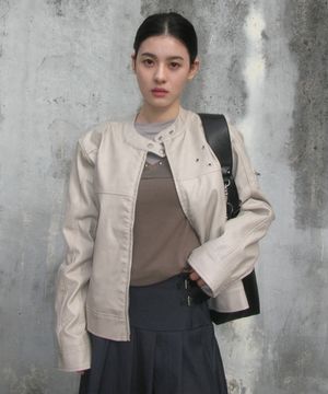 [주하늘 PICK] 빈티지 워싱 트랙 아일렛 장식 포인트 절개 트랙 바이커 레더 자켓_2COLOR