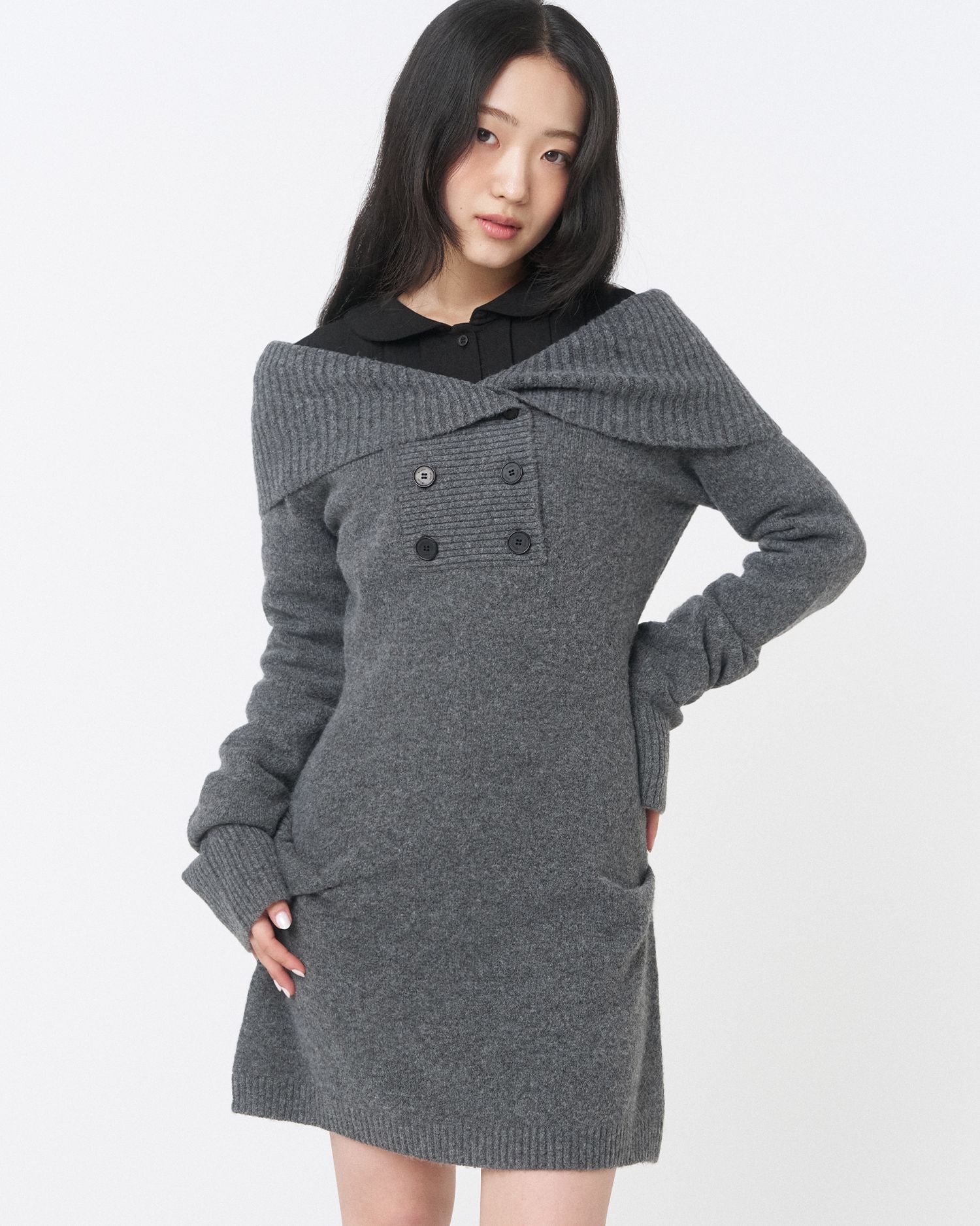 MUSINSA | MISEKI SEOUL double button knit one piece DARK GREY