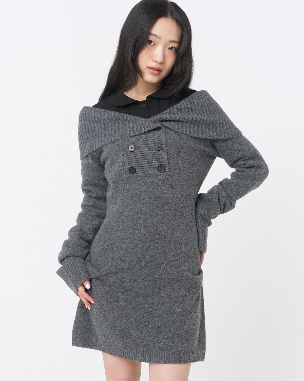 미세키서울(MISEKI SEOUL) double button knit one piece DARK GREY