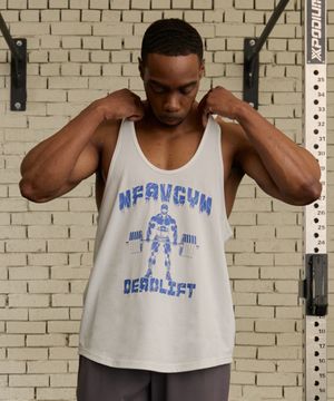 머슬 프린팅 딥 넥 슬리브리스 화이트