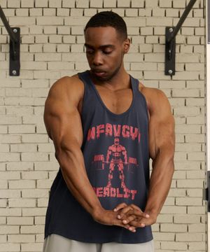 머슬 프린팅 딥 넥 슬리브리스 네이비