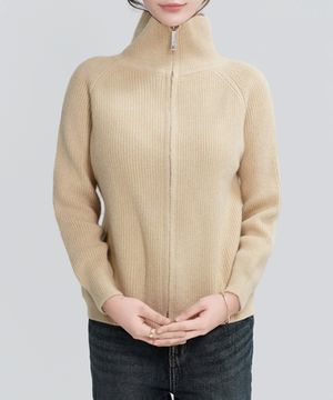 모노 집업 니트 스웨터_베이지