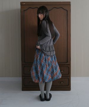 Puff check midi skirt_blue