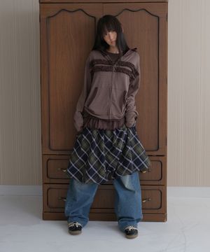 Puff check midi skirt_green