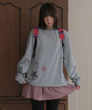 Star patchwork long sleeve tee_melange gray