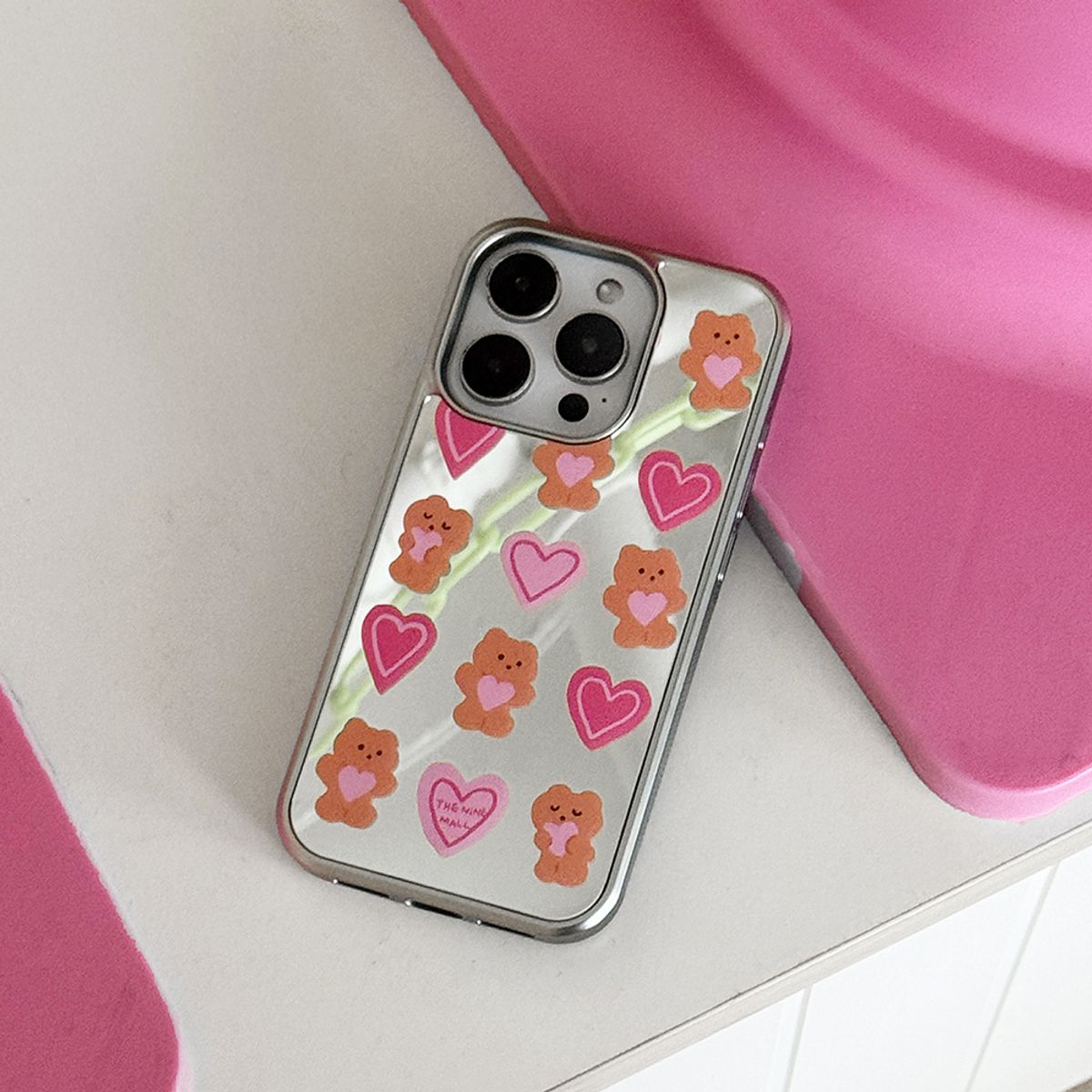 더나인몰(THE NINEMALL) pink heart gummy pattern [미러 실버 범퍼케이스]
