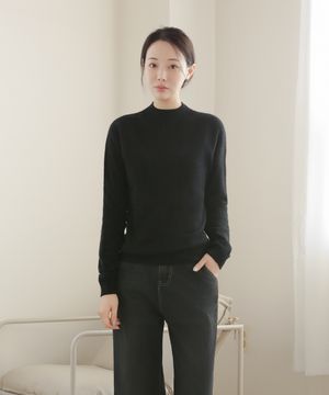 클래식 무드 울 100% 반목 니트_블랙