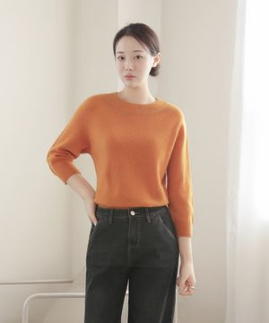 울 100% 라운드넥  라그란 7부소매 니트_오렌지