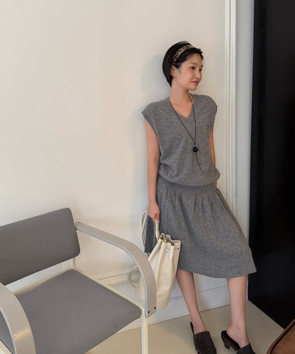 시눈(SINOON) Wool-Blend Pleated Knit Dress (Grey)