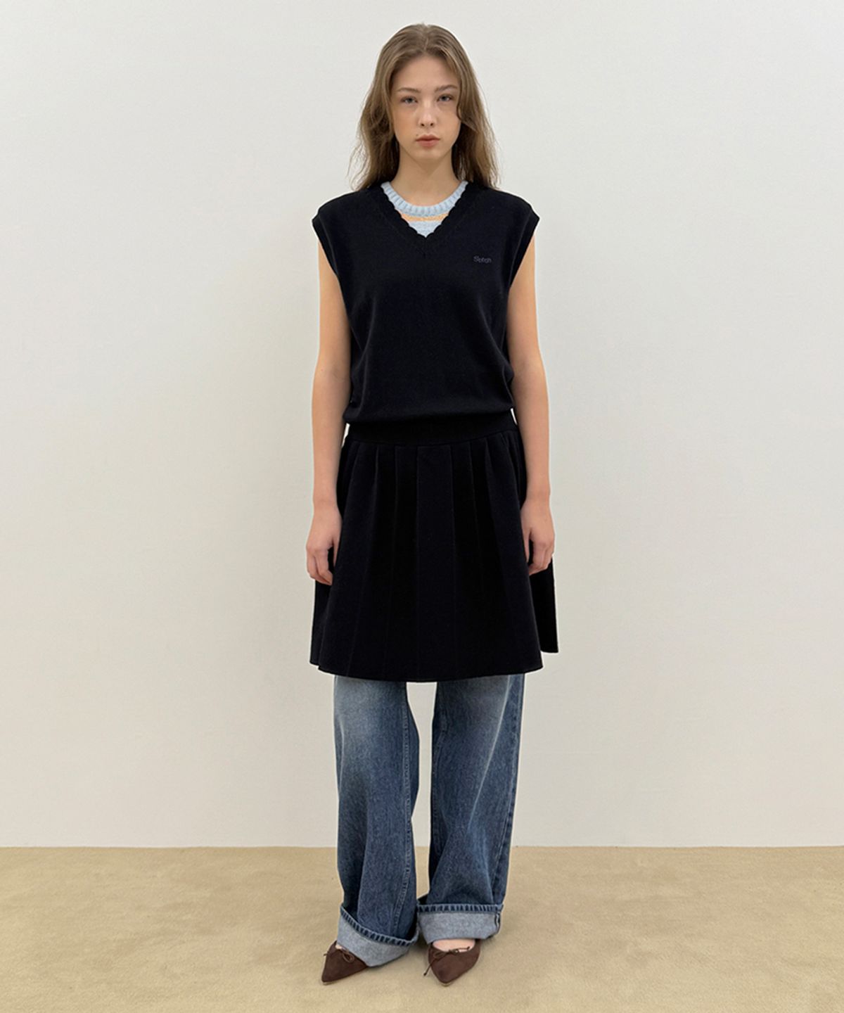 시눈(SINOON) Wool-Blend Pleated Knit Dress (Navy)
