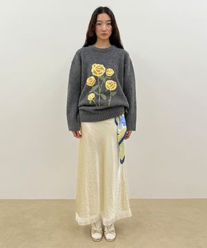 Satin Lace Long Skirt (Cream)