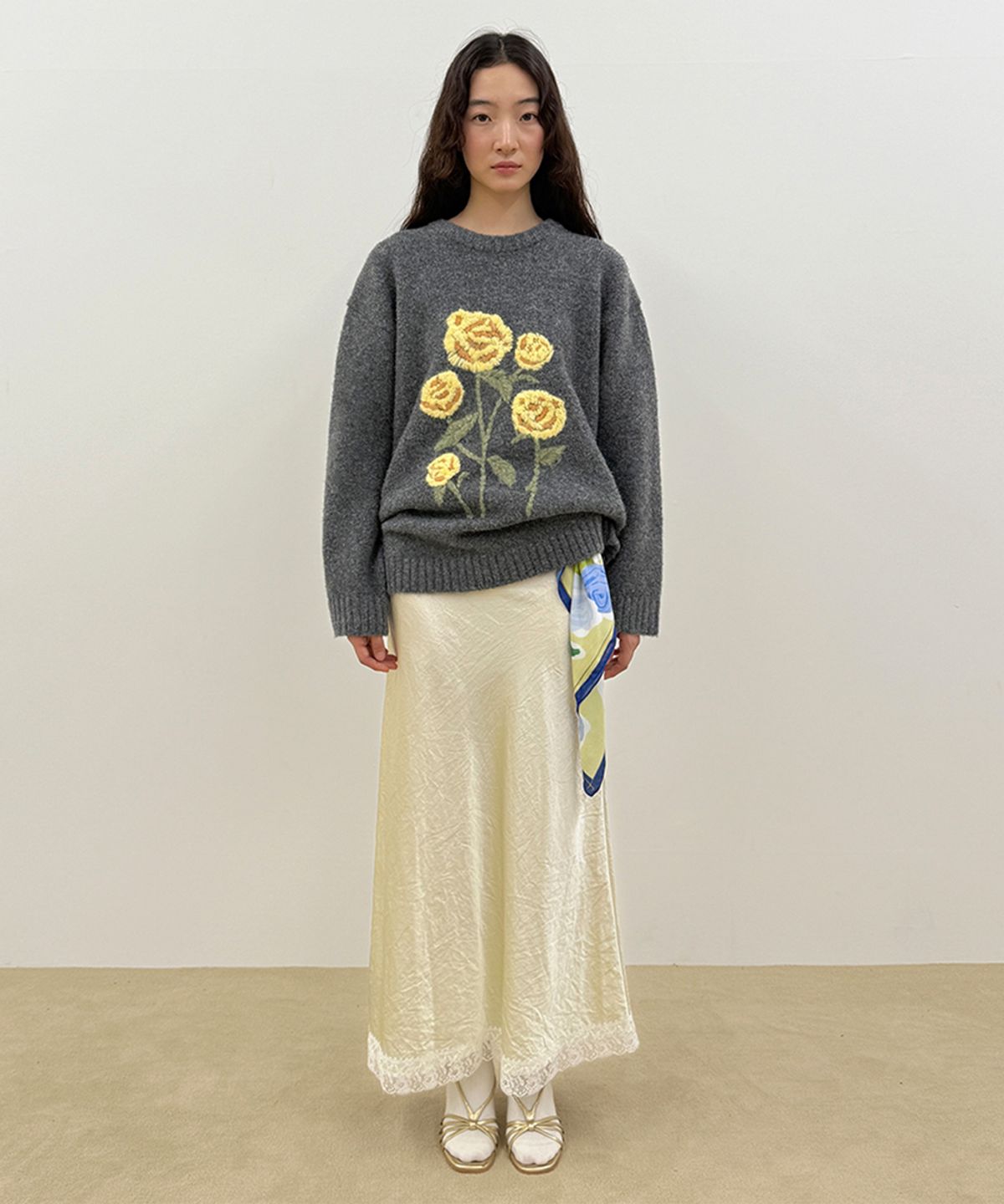 시눈(SINOON) Satin Lace Long Skirt (Cream)