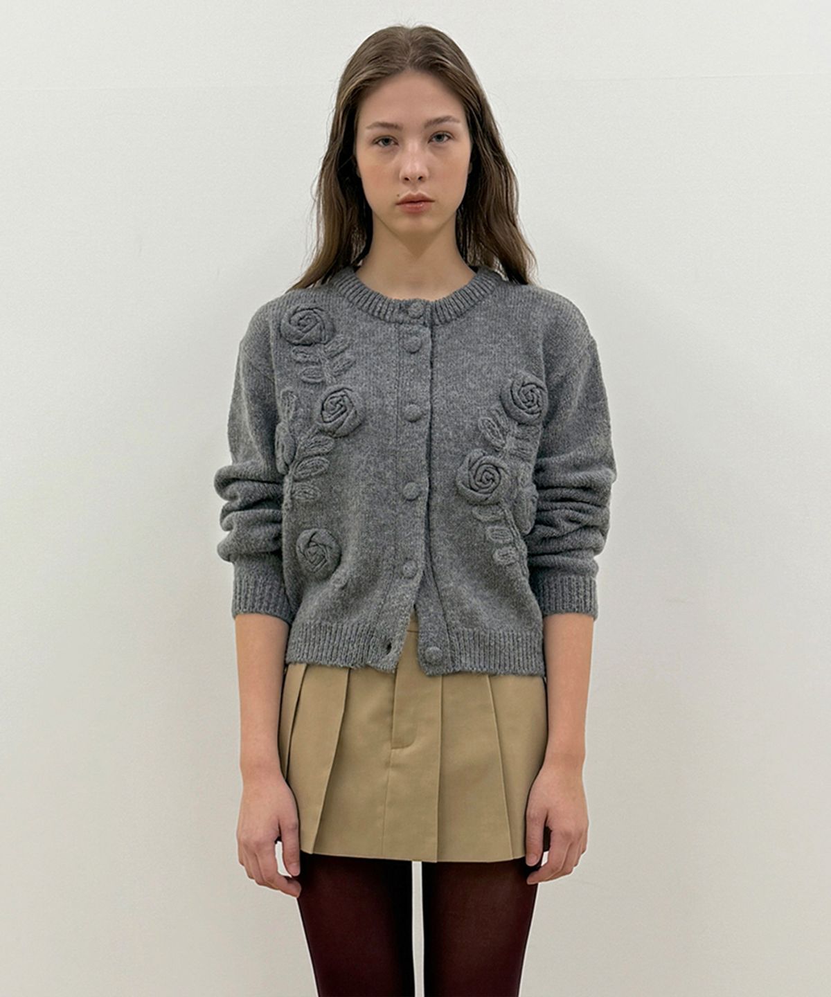 시눈(SINOON) Rose Artwork Hairy Cardigan (Melange Grey)
