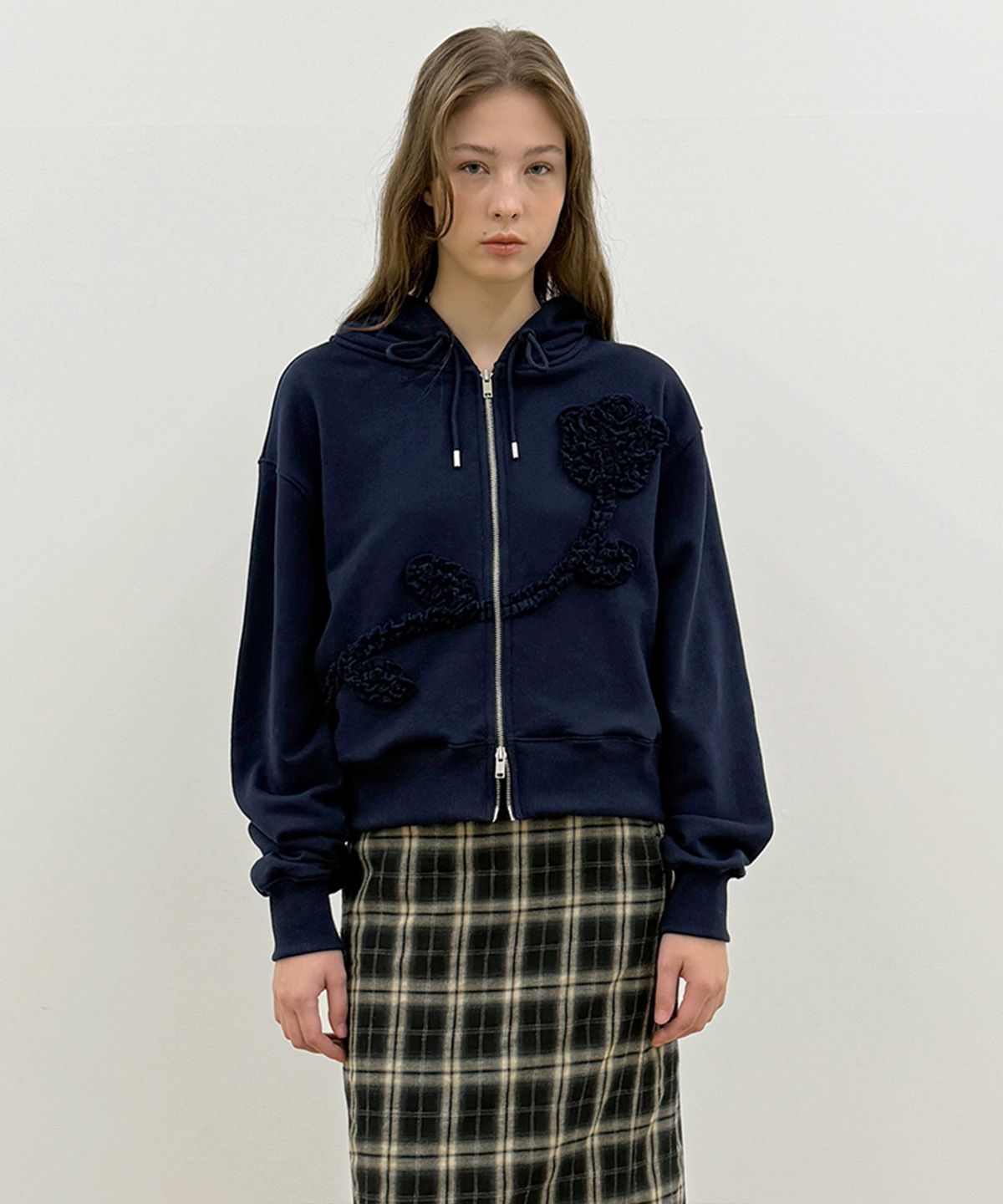 시눈(SINOON) Rose Frill Hoodie Zipup (Navy)