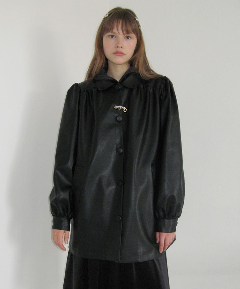 Shirring Leather Jacket (Black)