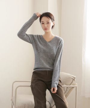 울 100% 브이넥 니트 스웨터_그레이