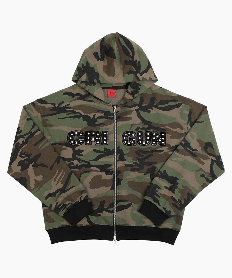 APPLIQUE RIVET ZIP UP HOODIE CAMO