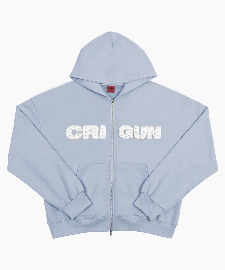 APPLIQUE RIVET ZIP UP HOODIE SKY BLUE