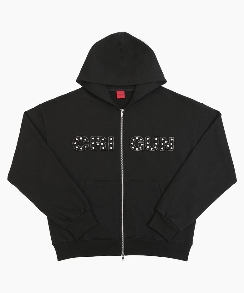 APPLIQUE RIVET ZIP UP HOODIE BLACK