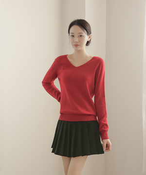 울 100% 브이넥 니트 스웨터_레드