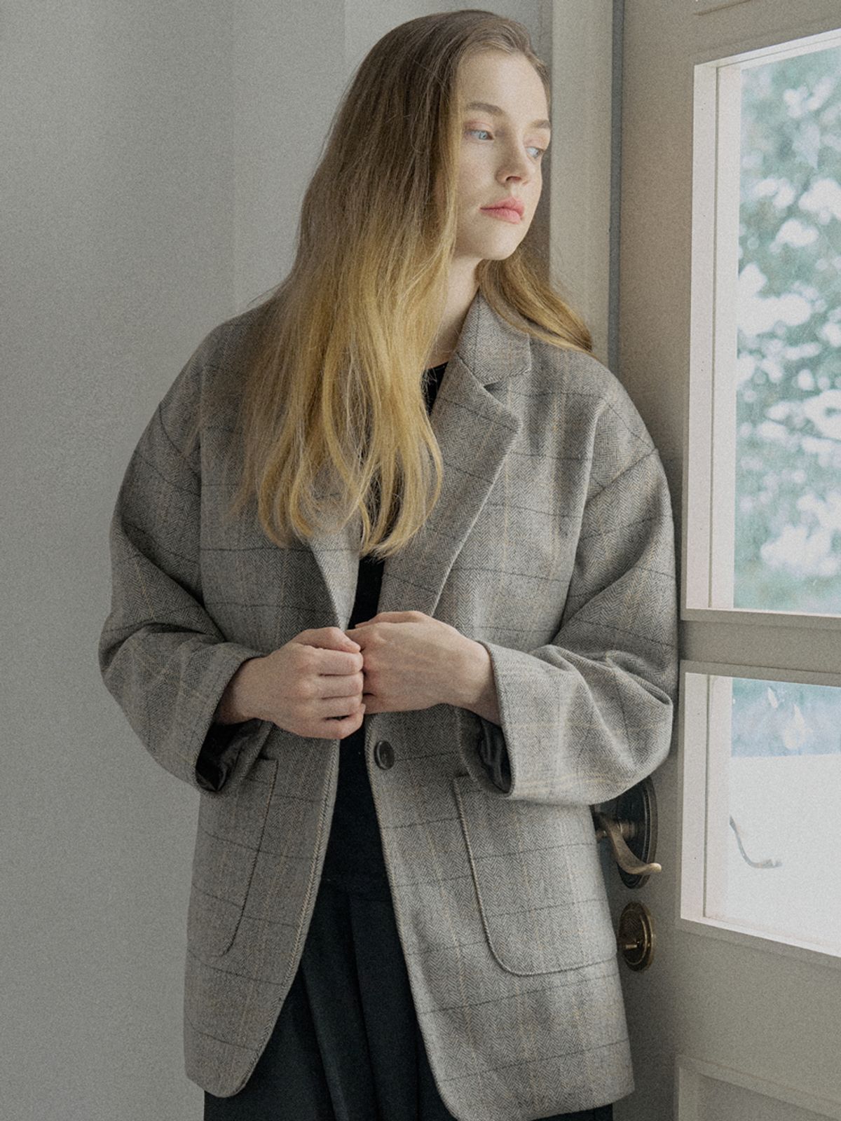 아방(AVANT-G) Check Herringbone Oversize Jacket - LIGHT GREY