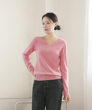 울 100% 브이넥 니트 스웨터_핑크