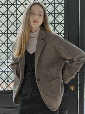 Check Herringbone Oversize Jacket - BROWN
