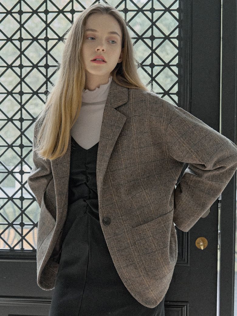 Check Herringbone Oversize Jacket - BROWN