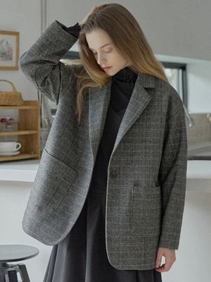 Check Herringbone Oversize Jacket - BLACK