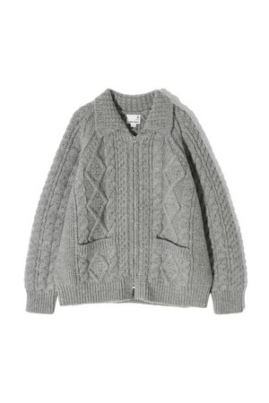 Aran Zip Up Knit Cardigan Melange Gray