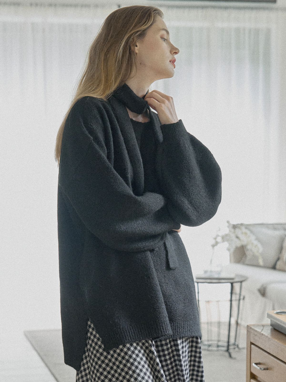 아방(AVANT-G) Muffler Set Long Knit Pullover - BLACK