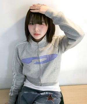 Vintage Check Applique Track Zip-Up M.Gray