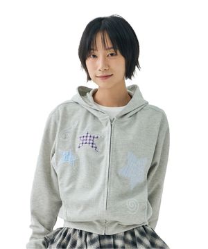 [FDR x HUHUEE] Waffle Applique Hood Zip-Up M.Gray