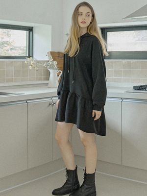 Hooded Frill Mini Dress - BLACK