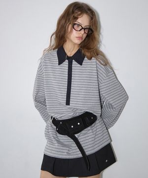 Striped Long Sleeve Rugby Tee Melange Gray