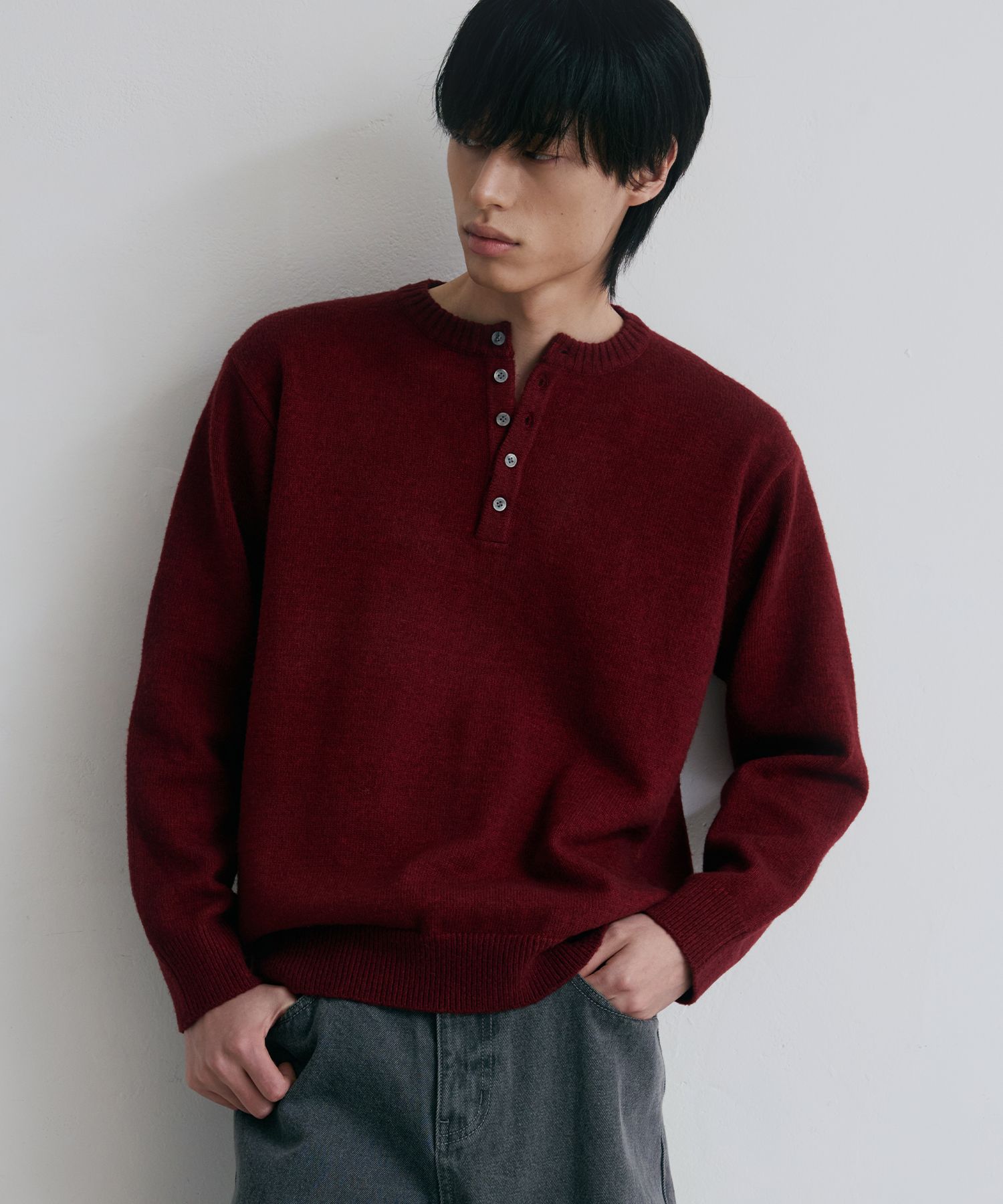 MUSINSA | NODU Daily Plain Henley Neck Knit [Burgundy]