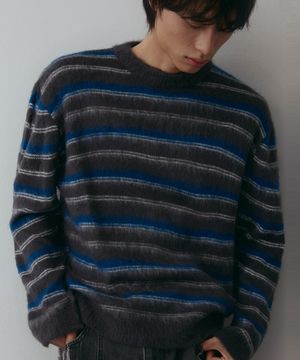 크롭 멀티 스트라이프 브러쉬 니트[그레이]