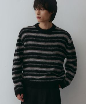 크롭 멀티 스트라이프 브러쉬 니트[블랙]