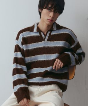 오픈 카라 스트라이프 브러쉬 니트[브라운]