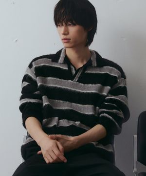 오픈 카라 스트라이프 브러쉬 니트[블랙]